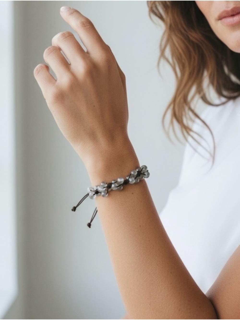 FAUX PEARL WITH DARK BROWN STRAP ADJUSTABLE BRACELET